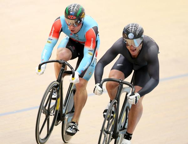 London Olympic medallists Shane Perkins (Australia) and Simon van Velthooven during the sprint semifinals at Invercargill yesterday.